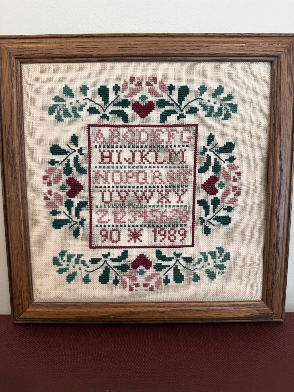 Vintage Framed Cross Stitch Alphabet Sampler in Cream, Green & Burgundyz
